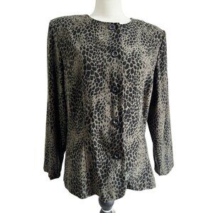 Vintage Sag Harbor Animal Print Blazer Cardigan Sz 16 (XL) Womens Olive Green Bl